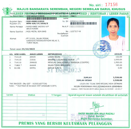 MGS Metal Sdn Bhd License