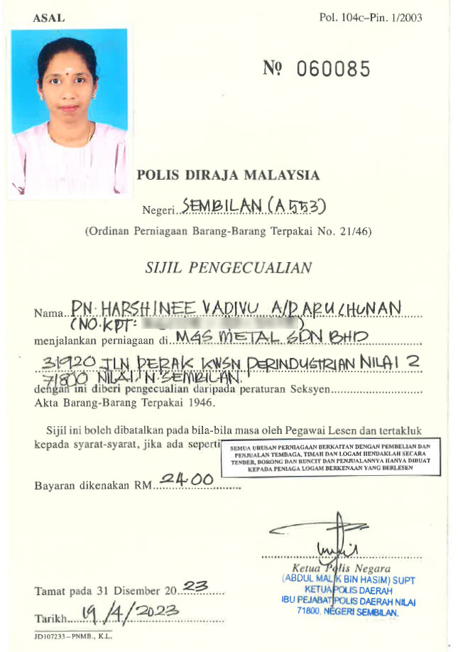 MGS Metal Sdn Bhd License